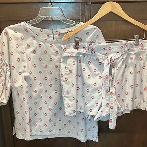 LOFT L seersucker shorts & bubble sleeve top red white blue cotton embroidered
